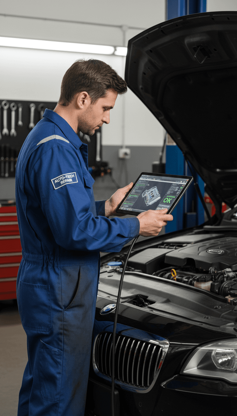 Technician conducting vehicle inspection with diagnostic equipment