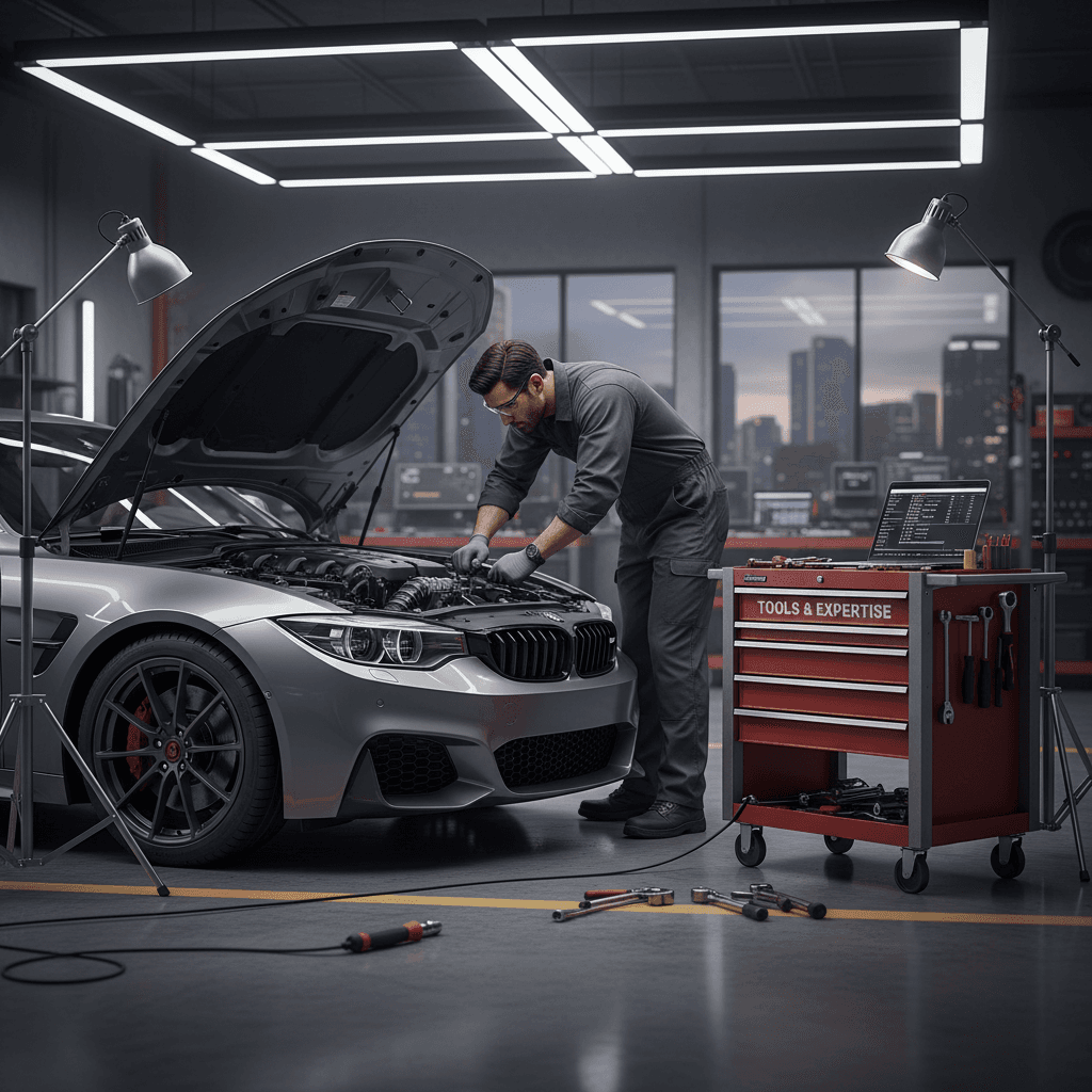 Mechanic performing engine diagnostics on vehicle