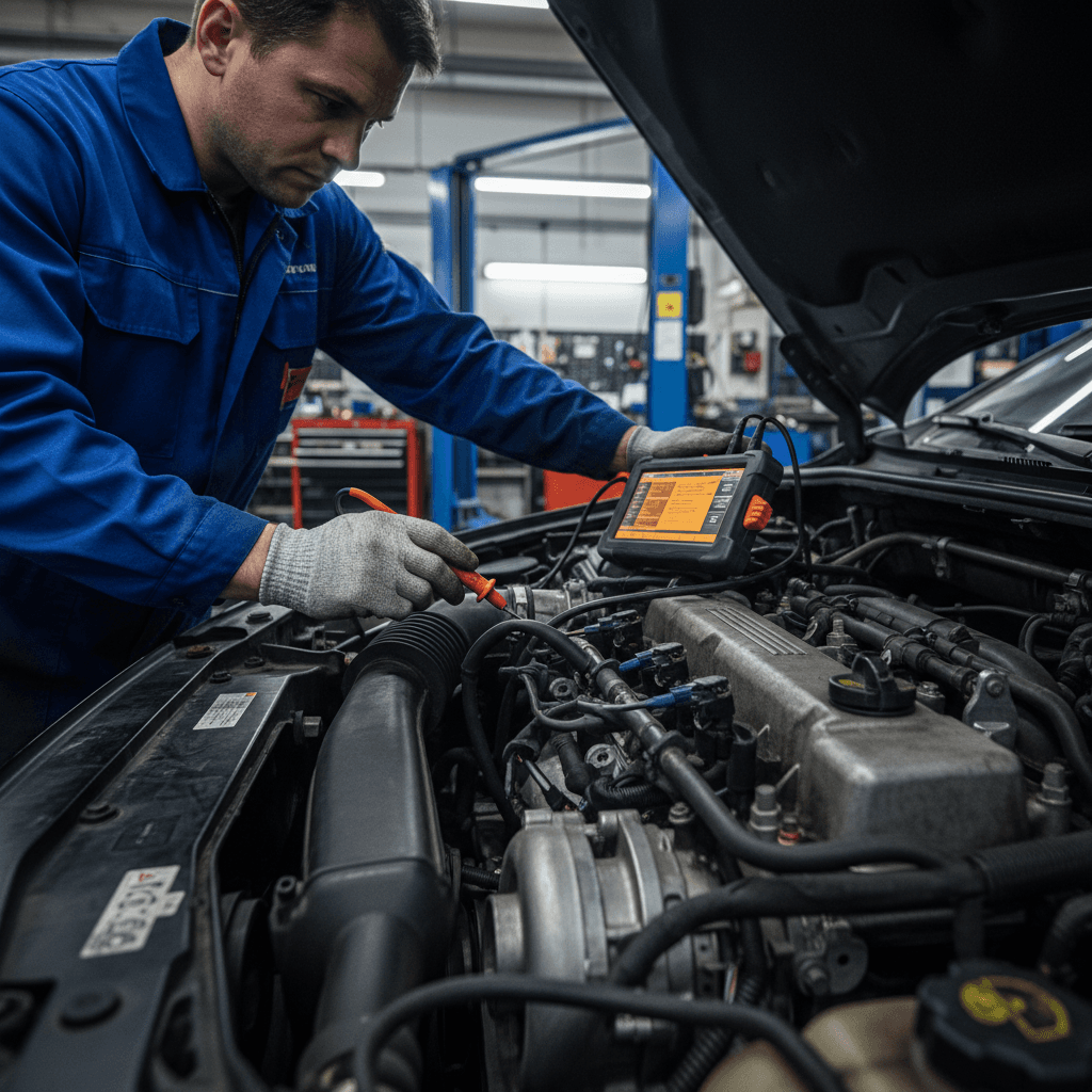 Mechanic performing engine diagnostics on vehicle