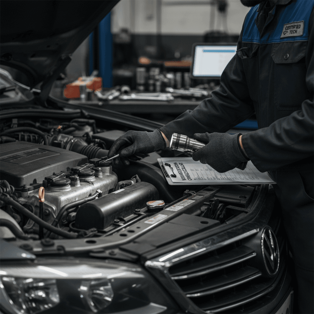 Professional mechanic conducting vehicle inspection