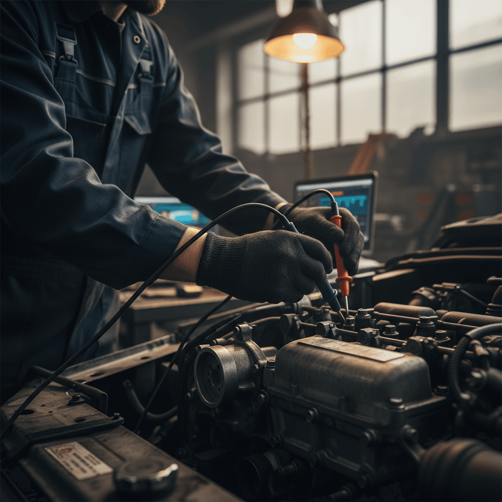 Mechanic performing engine diagnostic work