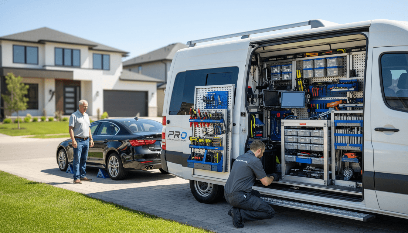 Mobile mechanic servicing vehicle at customer location