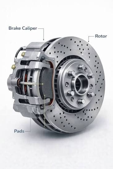 Labeled diagram of a disc brake assembly showing the brake caliper, rotor, and pads.
