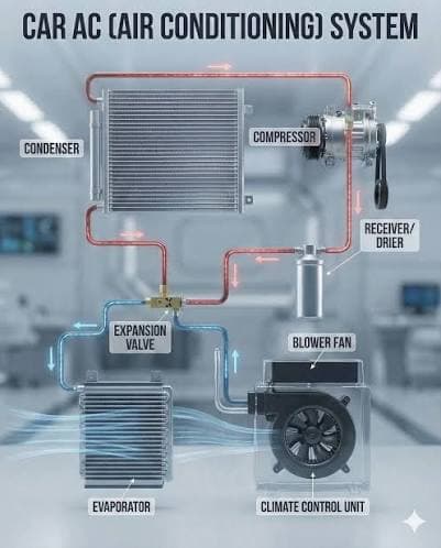 Labeled diagram illustrating the components and refrigerant flow of a vehicle's air conditioning system.