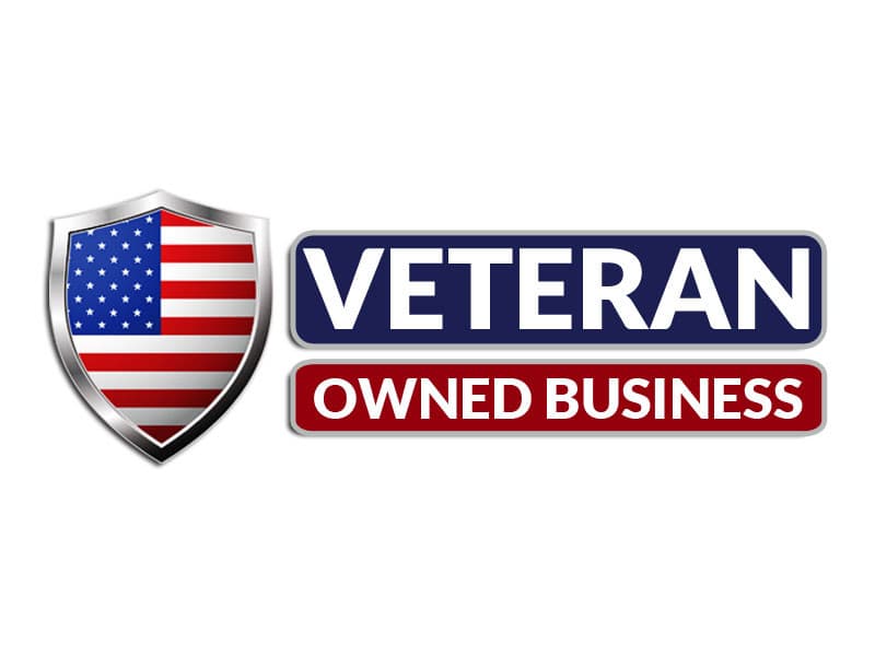 Veteran Owned Business logo with an American flag shield and blue and red text.